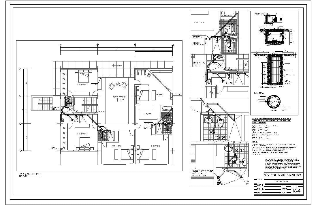 Planos de redes sanitarias de casa de 614m2 con tuberías listas y recorrido, planos de tanque de agua, planos listos para descargar, editables en Autocad DWG