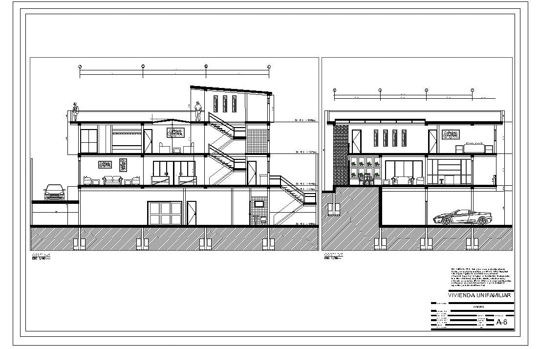 Planos de corte de fachada de casa mansiuon de 614m2 listos para descargar y editar en Auocad y PDF