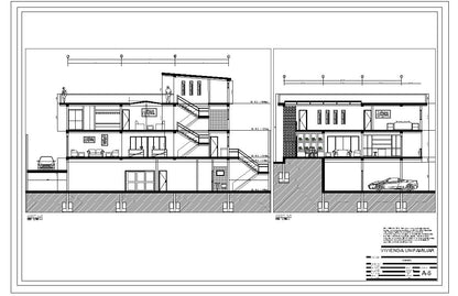 Planos de corte de fachada de casa mansiuon de 614m2 listos para descargar y editar en Auocad y PDF