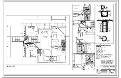 Planos de redes sanitarias de casa de 614m2 con tuberías listas y recorrido, planos de tanque de agua, planos listos para descargar, editables en Autocad DWG